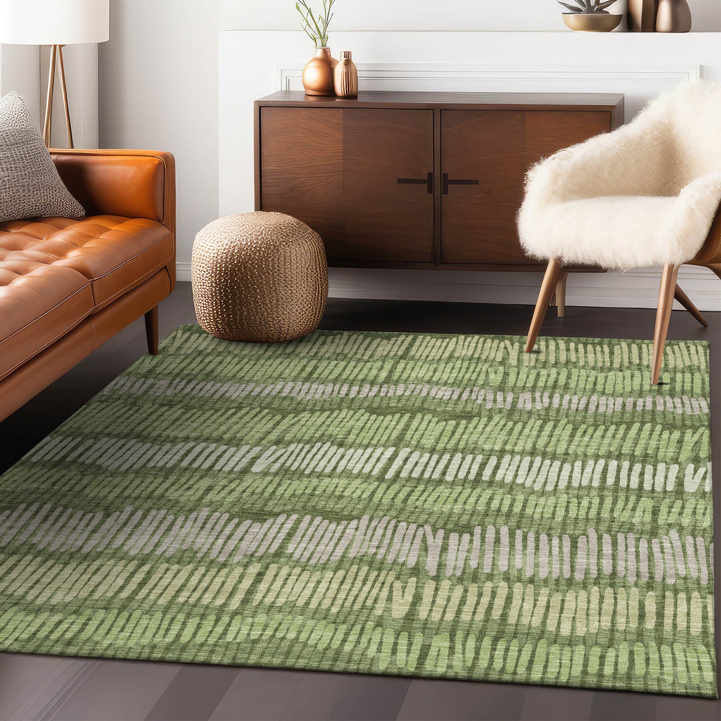 Tabselect Home Line 5' X 8' Olive Green And Gray Striped Washable Indoor Outdoor Area Rug