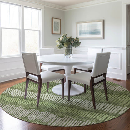 Tabselect Home Line 8' Olive Green And Gray Round Striped Washable Indoor Outdoor Area Rug