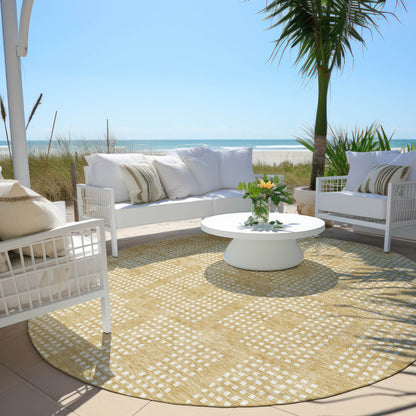Tabselect Home Line 8' Gold And Ivory Round Geometric Washable Indoor Outdoor Area Rug