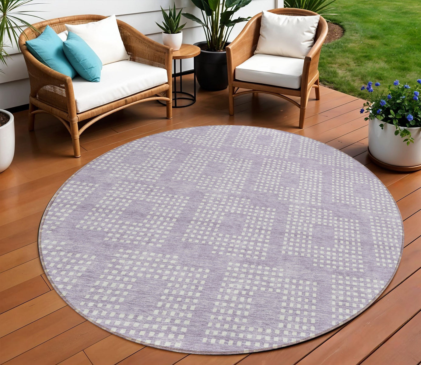 Tabselect Home Line 8' Lavender And Ivory Round Geometric Washable Indoor Outdoor Area Rug