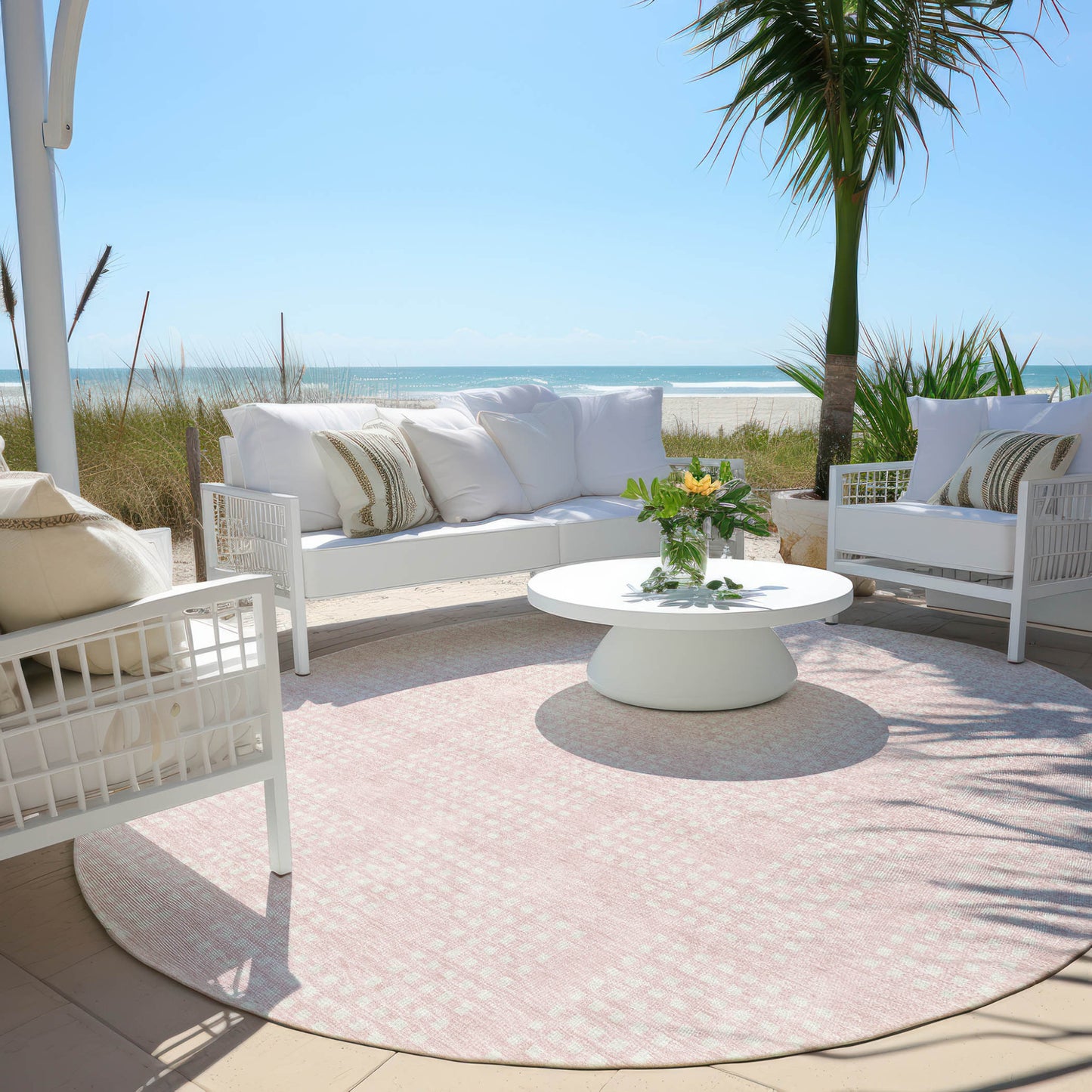Tabselect Home Line 8' Pink And Ivory Round Geometric Washable Indoor Outdoor Area Rug