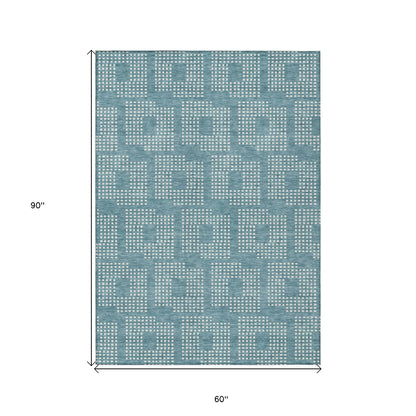 Tabselect Home Line 5' X 8' Teal Blue And Ivory Geometric Washable Indoor Outdoor Area Rug