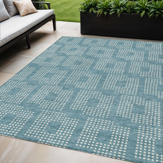 Tabselect Home Line 5' X 8' Teal Blue And Ivory Geometric Washable Indoor Outdoor Area Rug