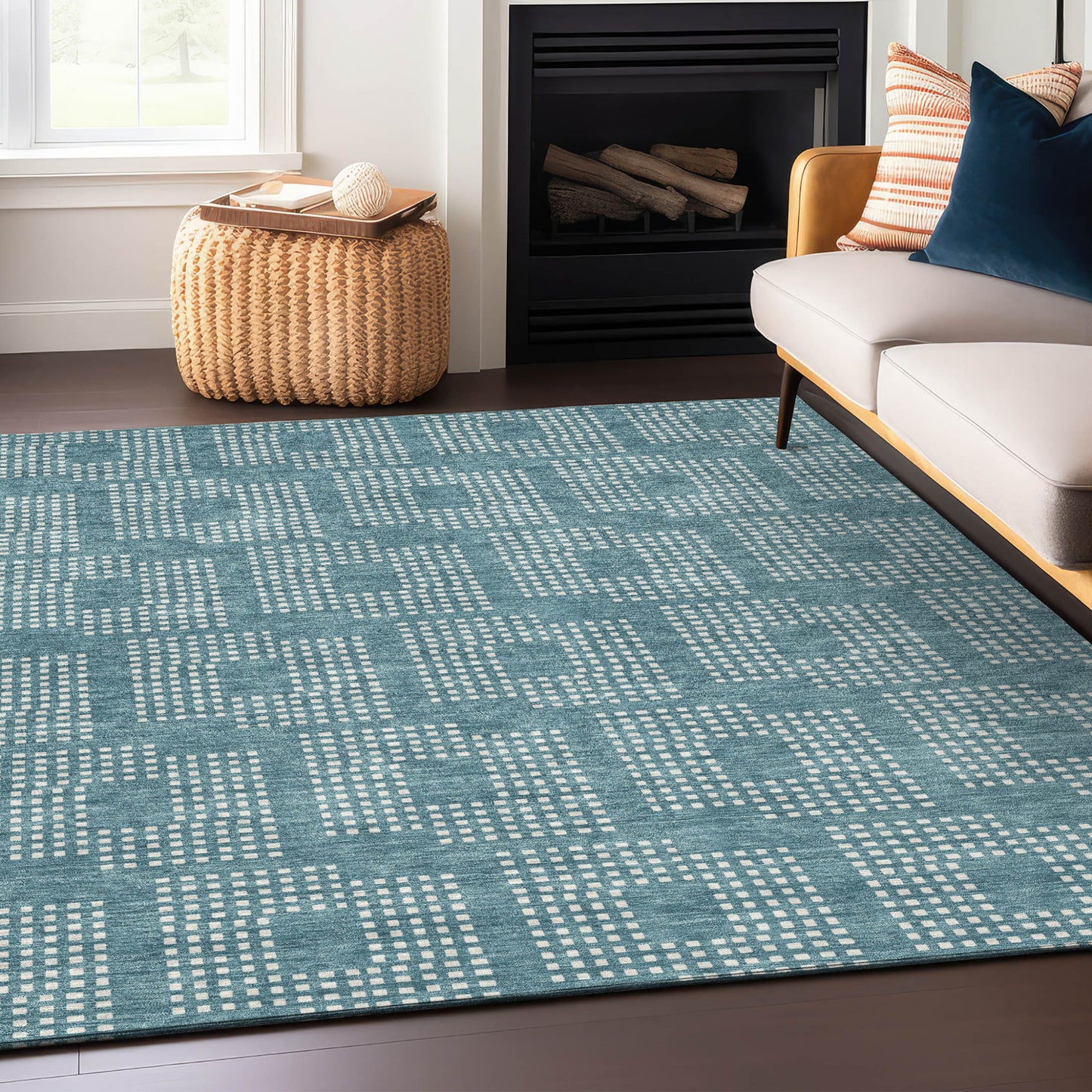 Tabselect Home Line 5' X 8' Teal Blue And Ivory Geometric Washable Indoor Outdoor Area Rug