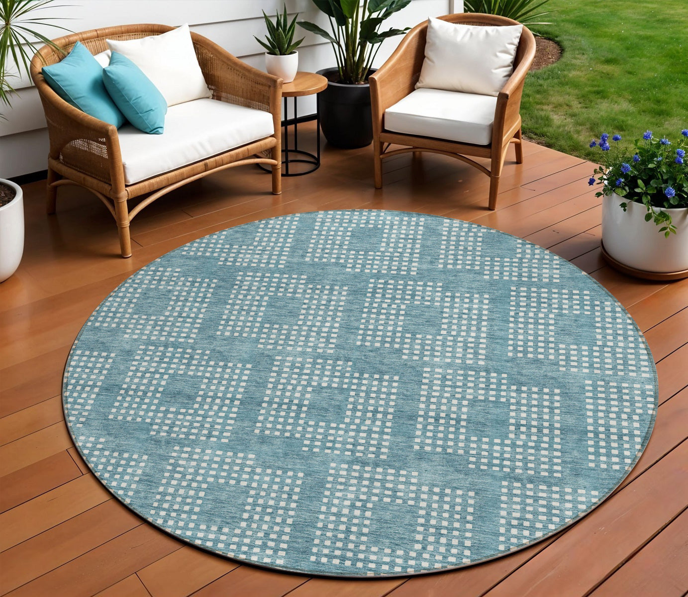 Tabselect Home Line 8' Teal Blue And Ivory Round Geometric Washable Indoor Outdoor Area Rug