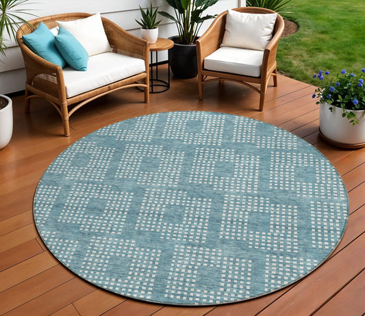 Tabselect Home Line 8' Teal Blue And Ivory Round Geometric Washable Indoor Outdoor Area Rug