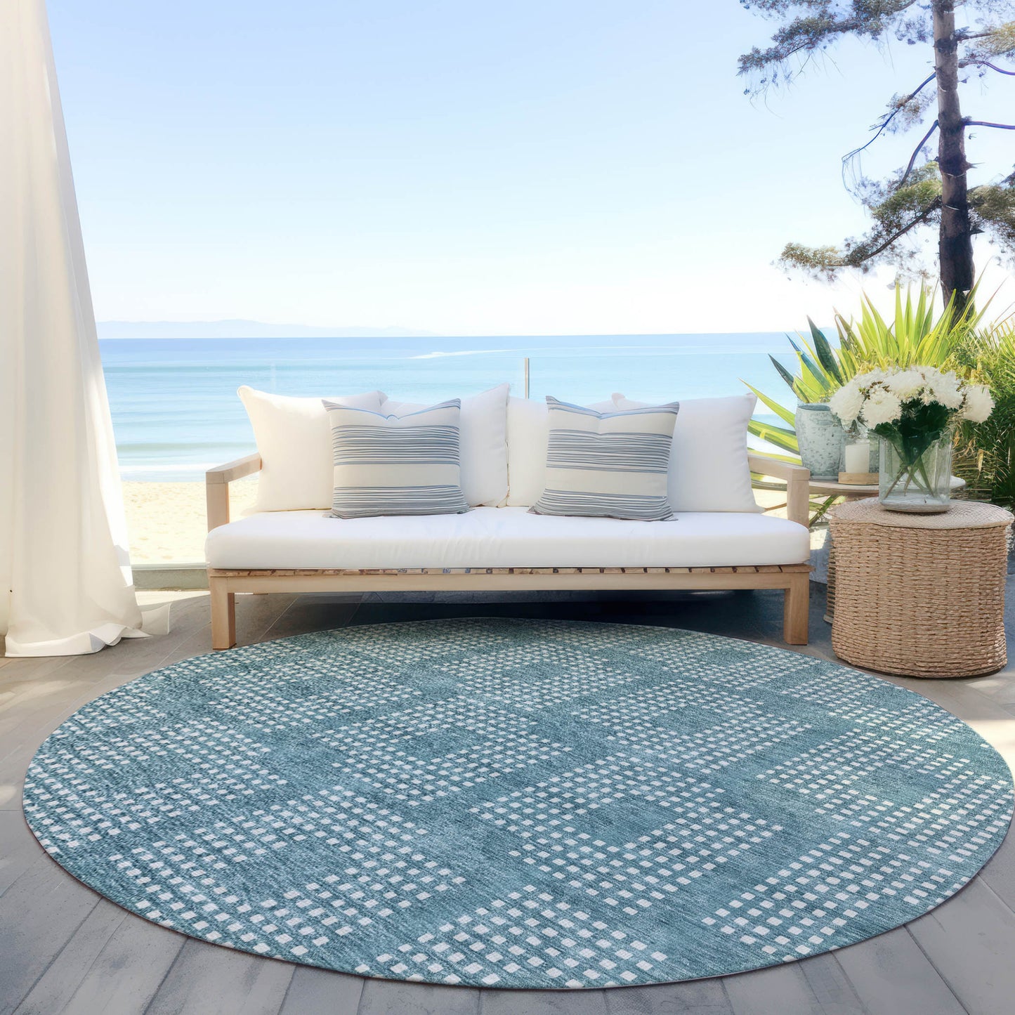 Tabselect Home Line 8' Teal Blue And Ivory Round Geometric Washable Indoor Outdoor Area Rug