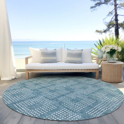 Tabselect Home Line 8' Teal Blue And Ivory Round Geometric Washable Indoor Outdoor Area Rug