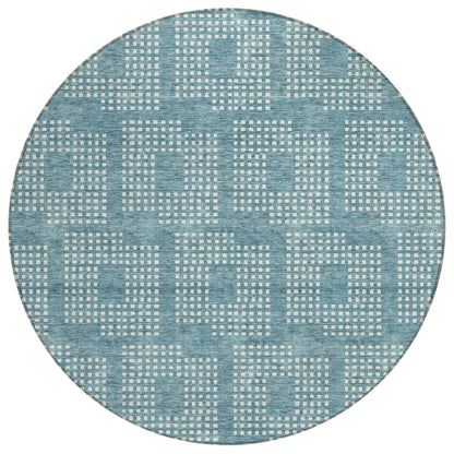 Tabselect Home Line 8' Teal Blue And Ivory Round Geometric Washable Indoor Outdoor Area Rug