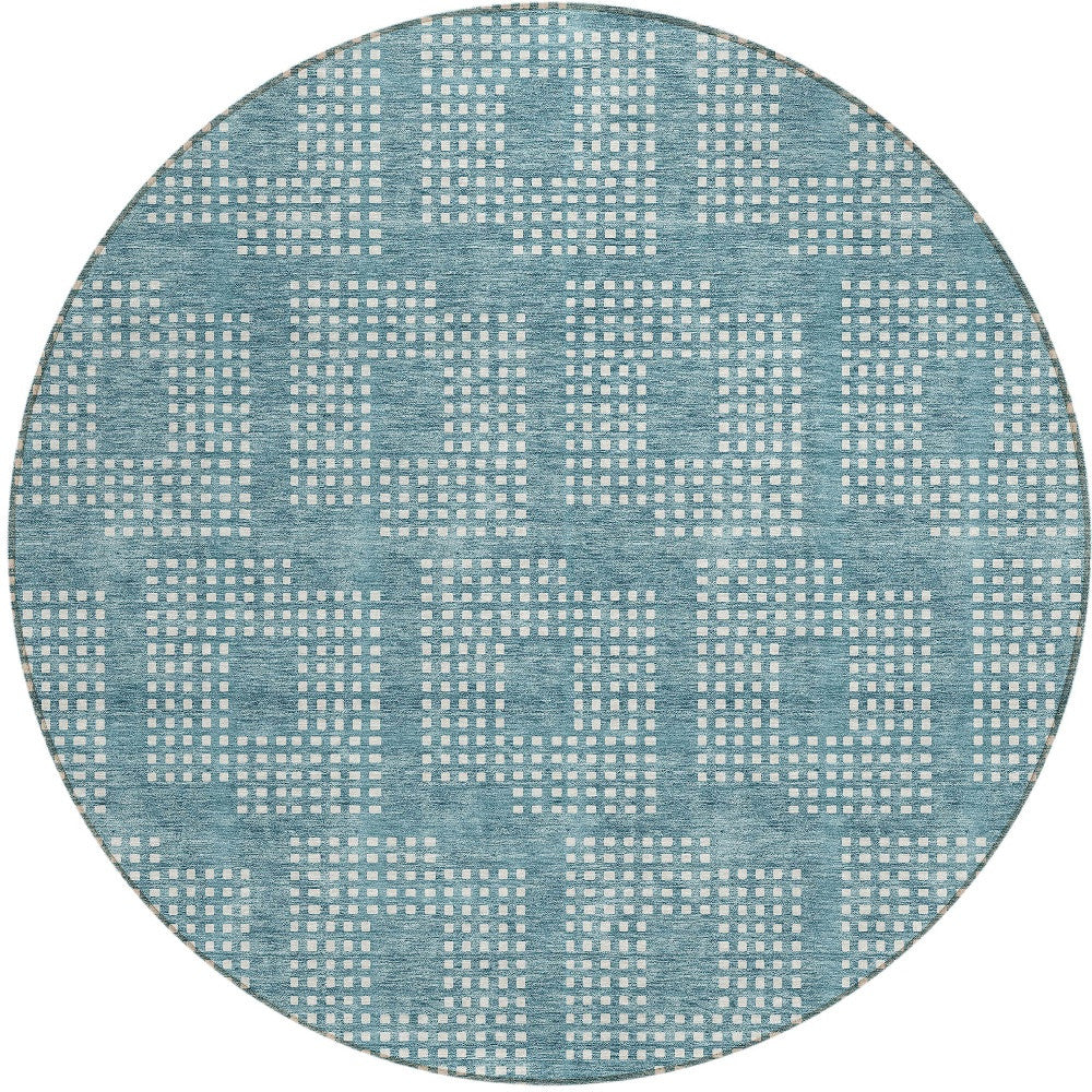 Tabselect Home Line 8' Teal Blue And Ivory Round Geometric Washable Indoor Outdoor Area Rug