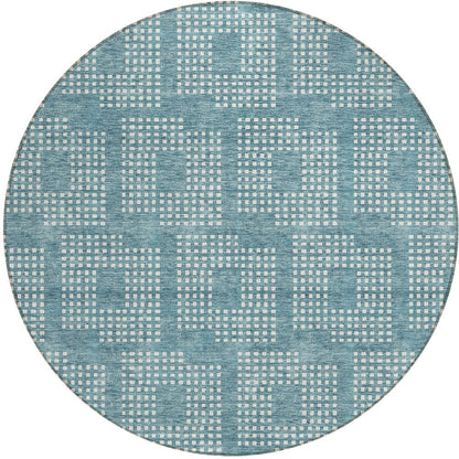 Tabselect Home Line 8' Teal Blue And Ivory Round Geometric Washable Indoor Outdoor Area Rug