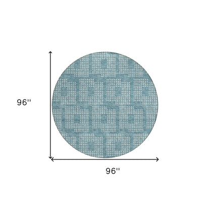 Tabselect Home Line 8' Teal Blue And Ivory Round Geometric Washable Indoor Outdoor Area Rug