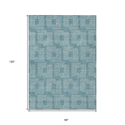Tabselect Home Line 8' X 10' Teal Blue And Ivory Geometric Washable Indoor Outdoor Area Rug