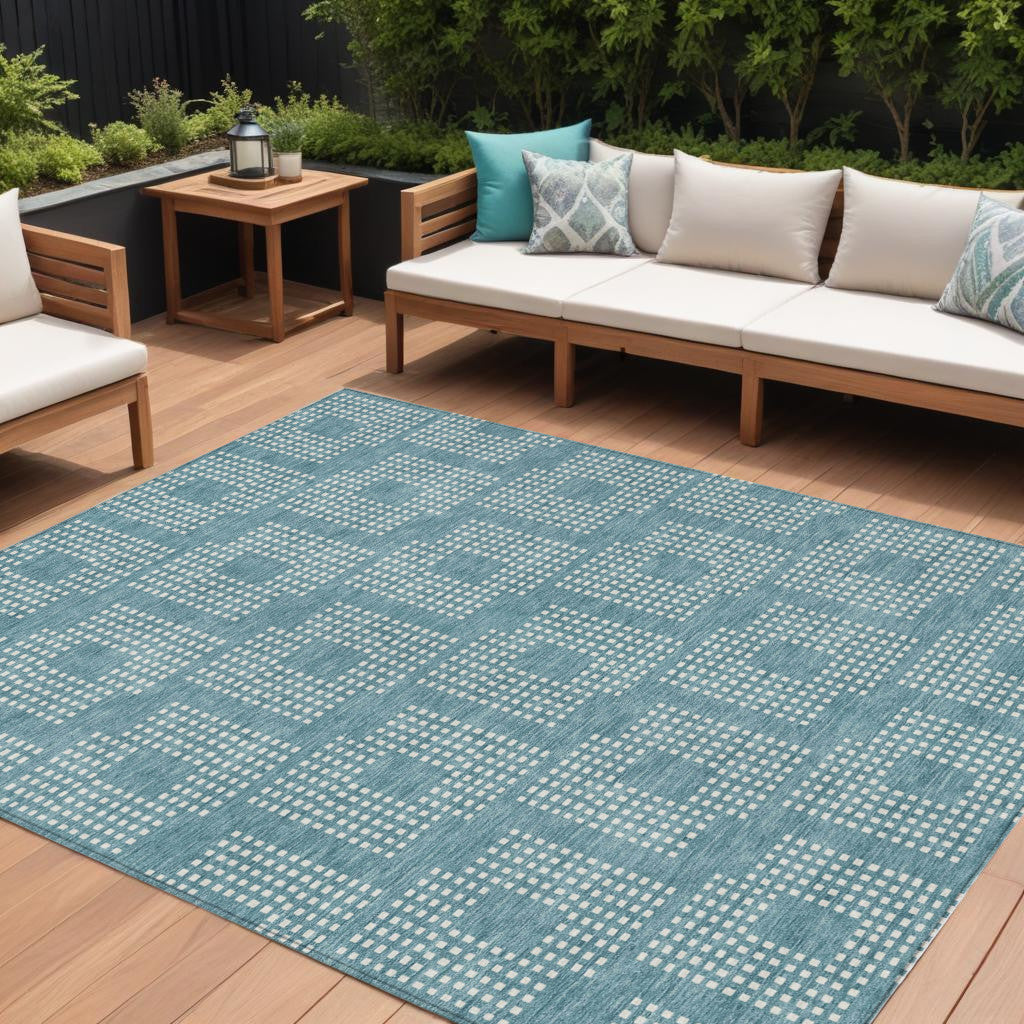 Tabselect Home Line 8' X 10' Teal Blue And Ivory Geometric Washable Indoor Outdoor Area Rug