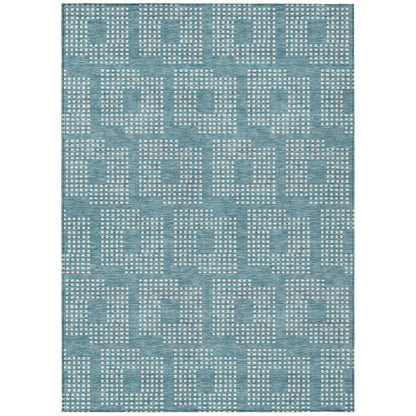 Tabselect Home Line 8' X 10' Teal Blue And Ivory Geometric Washable Indoor Outdoor Area Rug