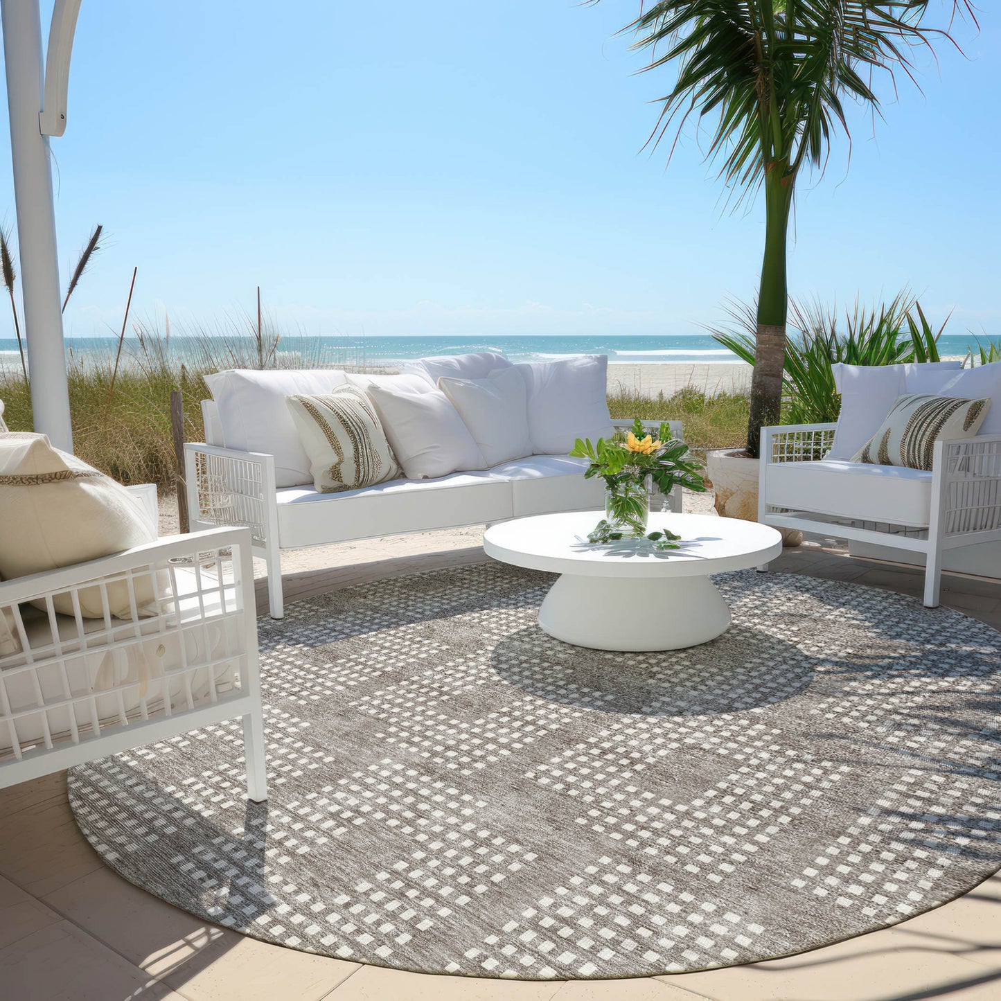 Tabselect Home Line 8' Taupe And Ivory Round Geometric Washable Indoor Outdoor Area Rug