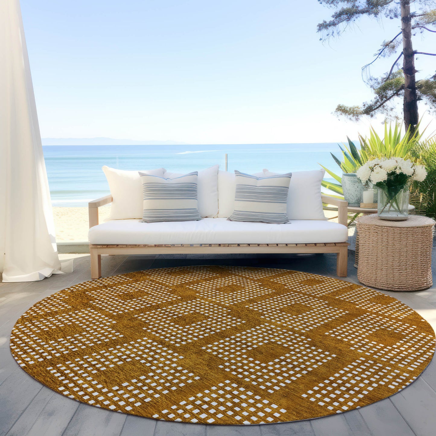 Tabselect Home Line 8' Terra Cotta And Ivory Round Geometric Washable Indoor Outdoor Area Rug