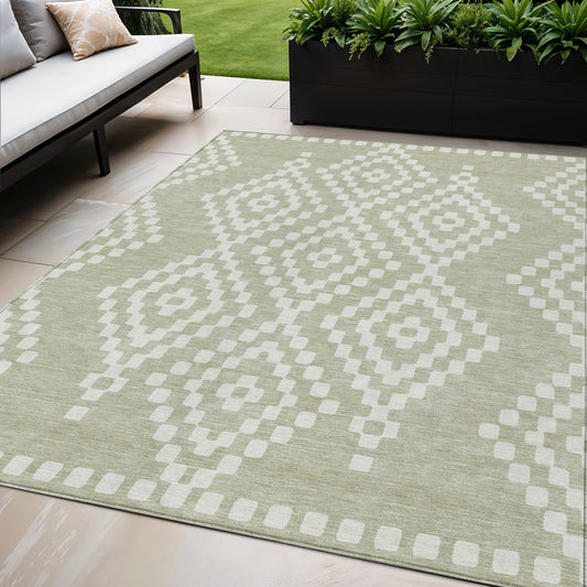 Tabselect Home Line 5' X 8' Artichoke Green And Ivory Geometric Washable Indoor Outdoor Area Rug