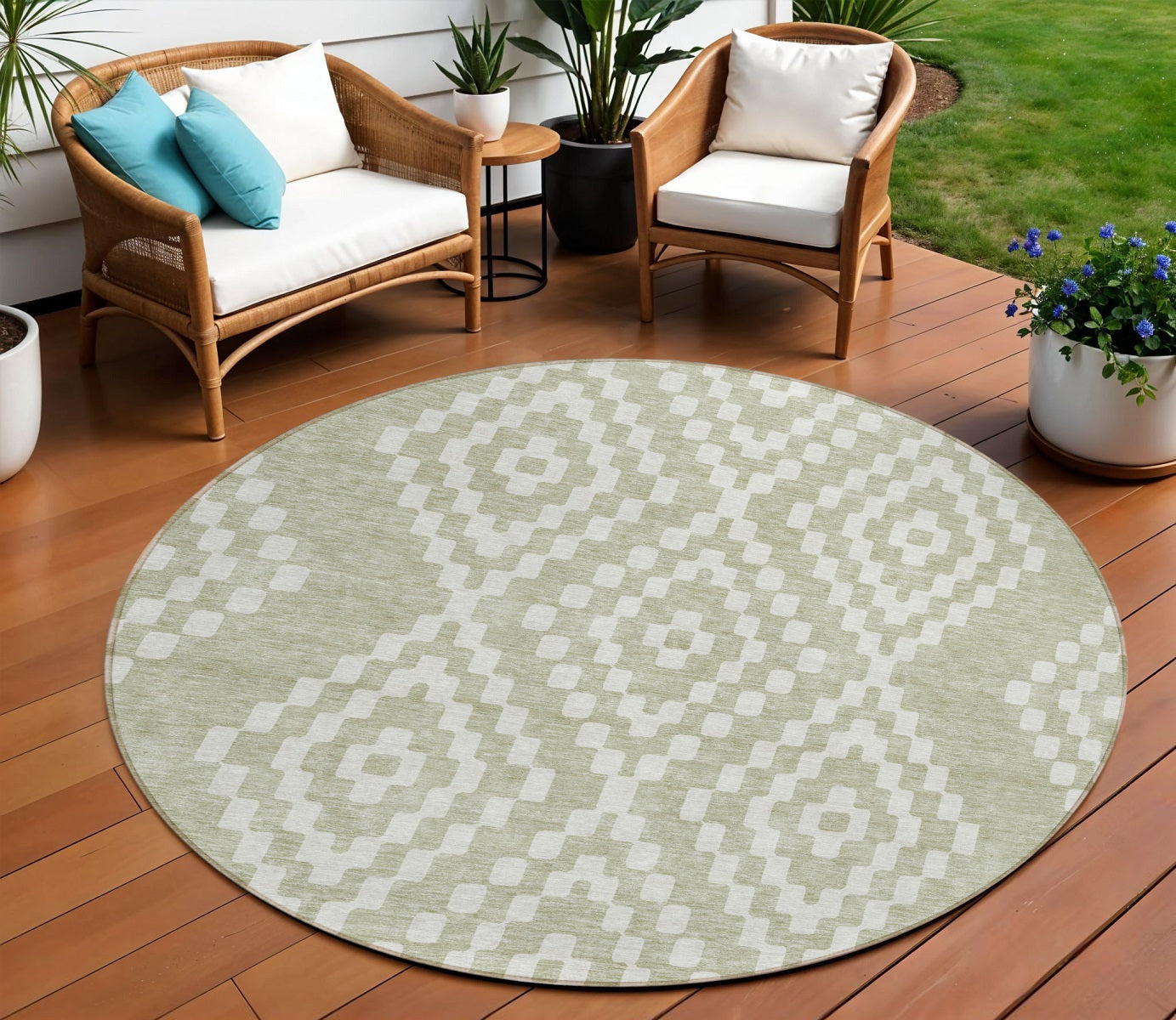 Tabselect Home Line 8' Artichoke Green And Ivory Round Geometric Washable Indoor Outdoor Area Rug