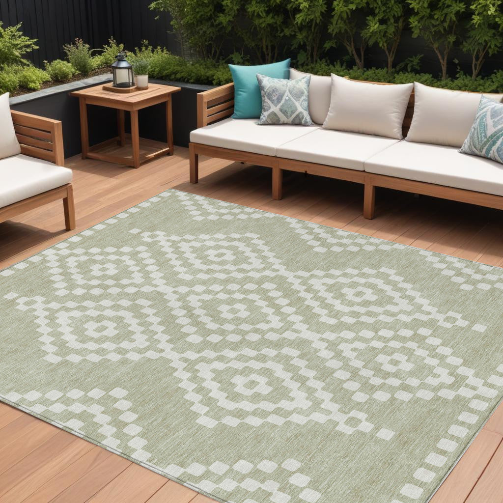 Tabselect Home Line 8' X 10' Artichoke Green And Ivory Geometric Washable Indoor Outdoor Area Rug