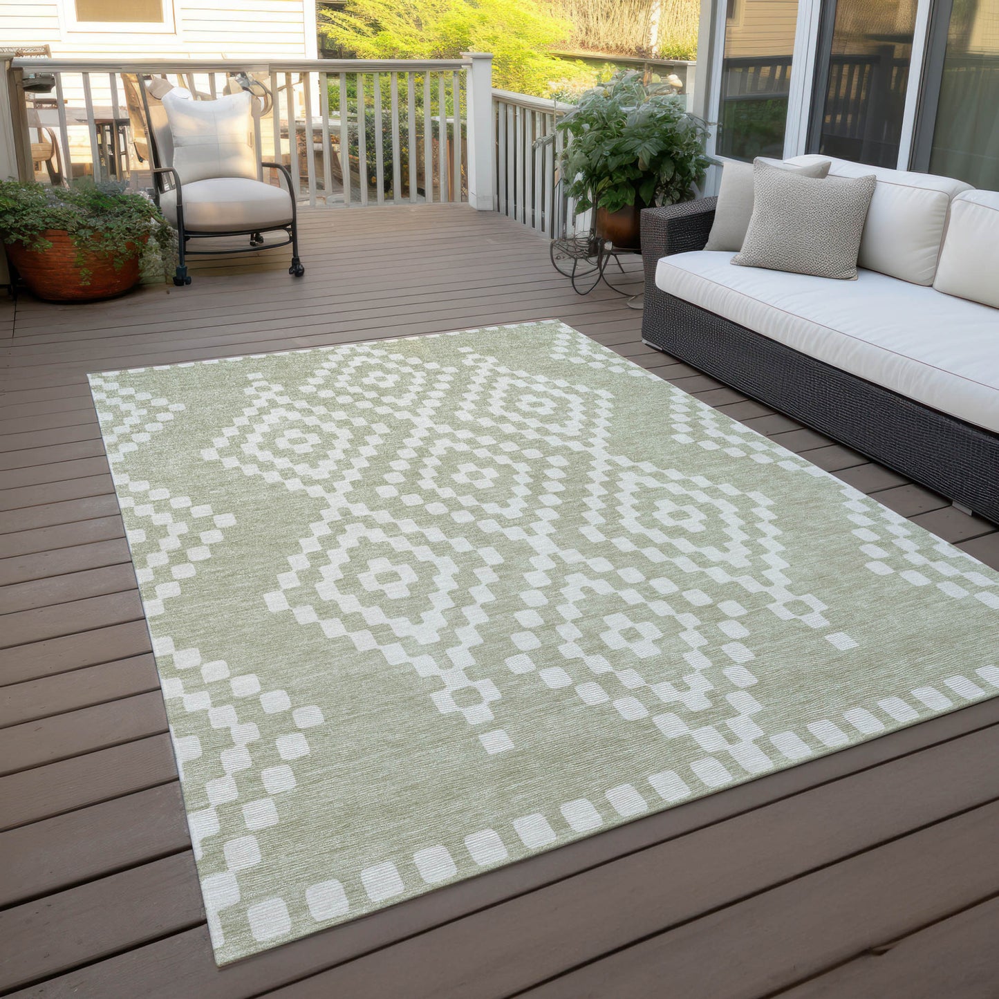 Tabselect Home Line 9' X 12' Artichoke Green And Ivory Geometric Washable Indoor Outdoor Area Rug