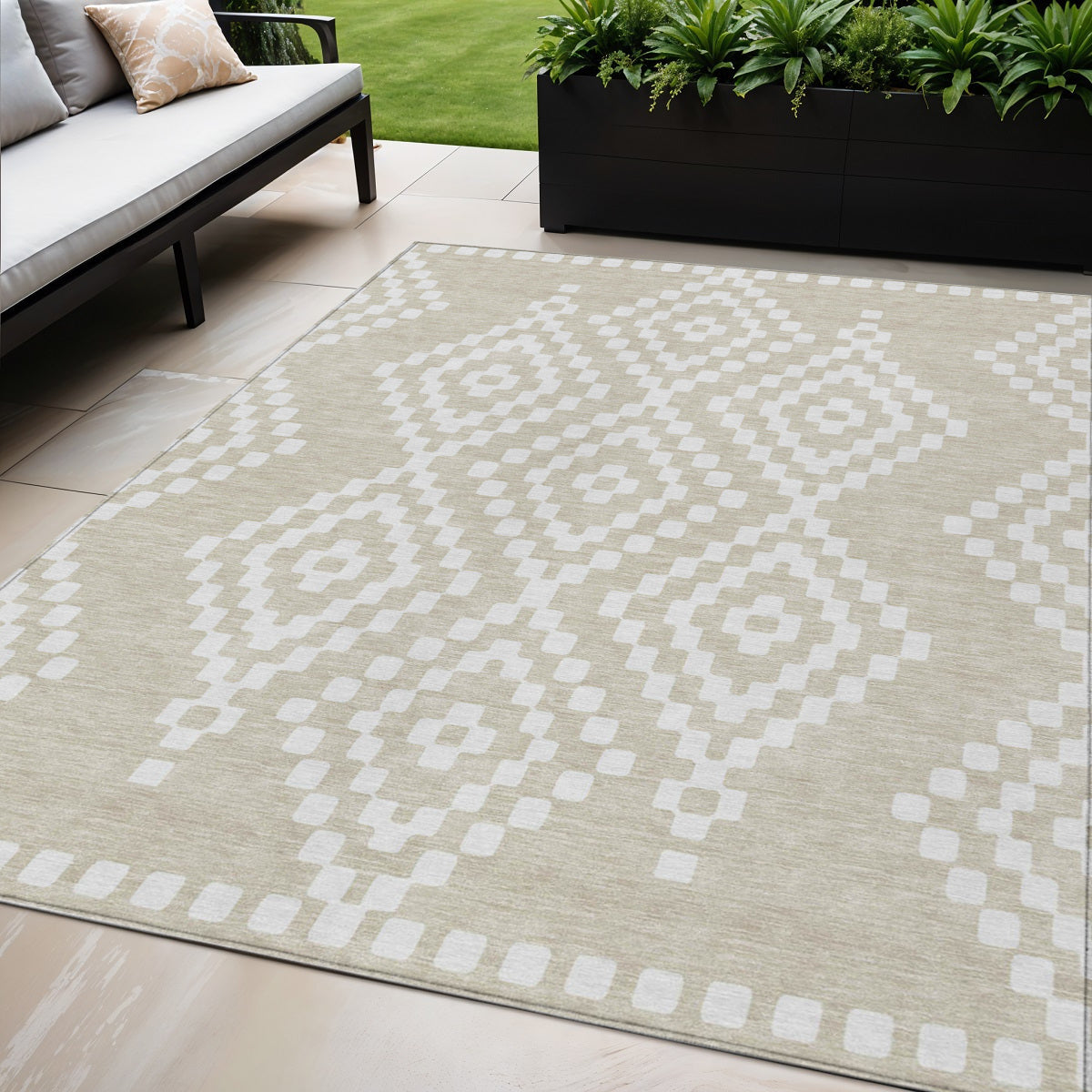 Tabselect Home Line 5' X 8' Beige And Ivory Geometric Washable Indoor Outdoor Area Rug