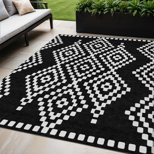 Tabselect Home Line 5' X 8' Black And Ivory Geometric Washable Indoor Outdoor Area Rug