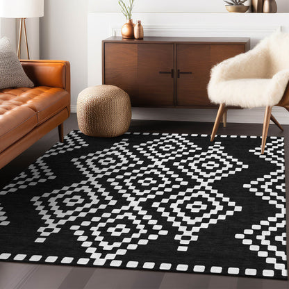 Tabselect Home Line 5' X 8' Black And Ivory Geometric Washable Indoor Outdoor Area Rug