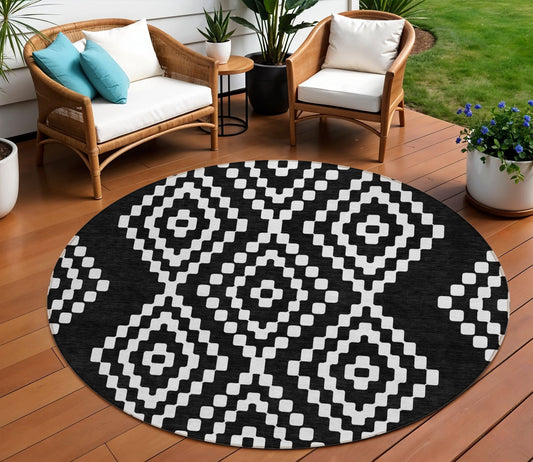 Tabselect Home Line 8' Black And Ivory Round Geometric Washable Indoor Outdoor Area Rug