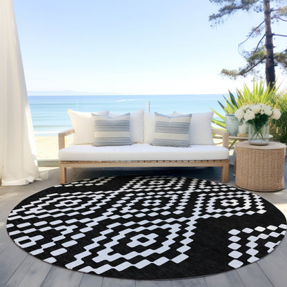 Tabselect Home Line 8' Black And Ivory Round Geometric Washable Indoor Outdoor Area Rug
