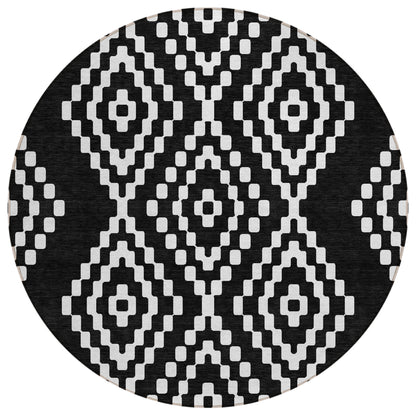 Tabselect Home Line 8' Black And Ivory Round Geometric Washable Indoor Outdoor Area Rug