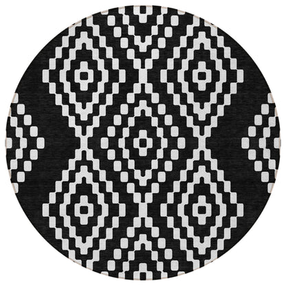 Tabselect Home Line 8' Black And Ivory Round Geometric Washable Indoor Outdoor Area Rug