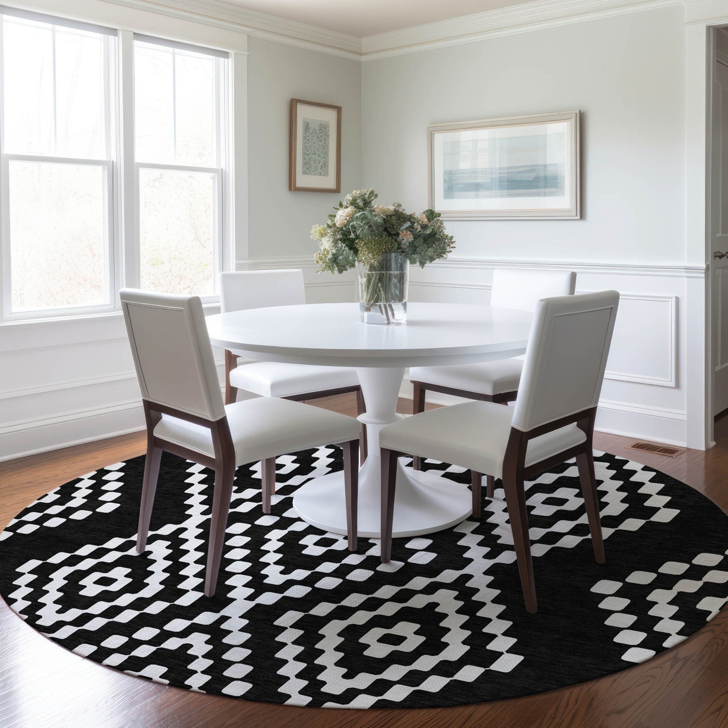 Tabselect Home Line 8' Black And Ivory Round Geometric Washable Indoor Outdoor Area Rug