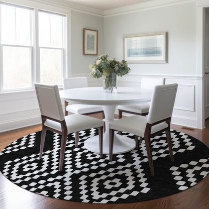 Tabselect Home Line 8' Black And Ivory Round Geometric Washable Indoor Outdoor Area Rug