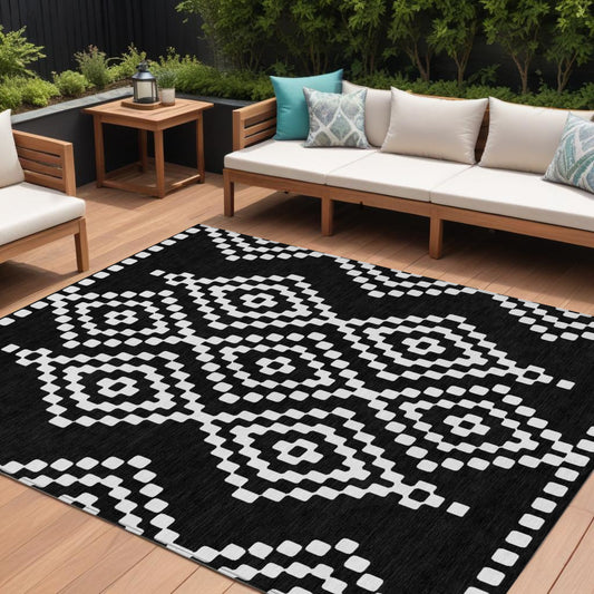 Tabselect Home Line 8' X 10' Black And Ivory Geometric Washable Indoor Outdoor Area Rug