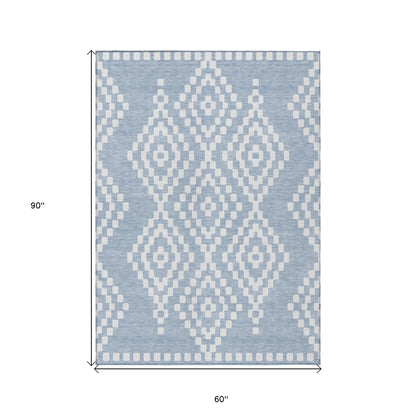 Tabselect Home Line 5' X 8' Denim Blue And Ivory Geometric Washable Indoor Outdoor Area Rug