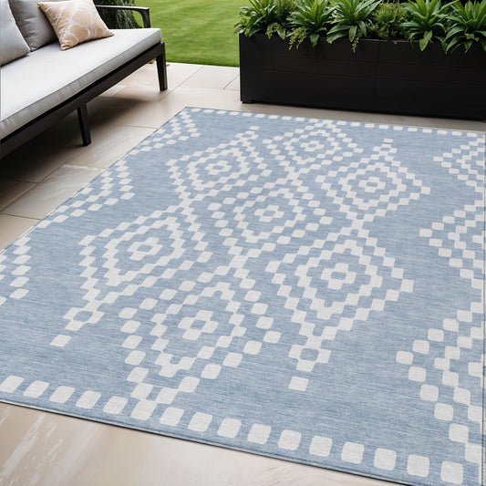 Tabselect Home Line 5' X 8' Denim Blue And Ivory Geometric Washable Indoor Outdoor Area Rug