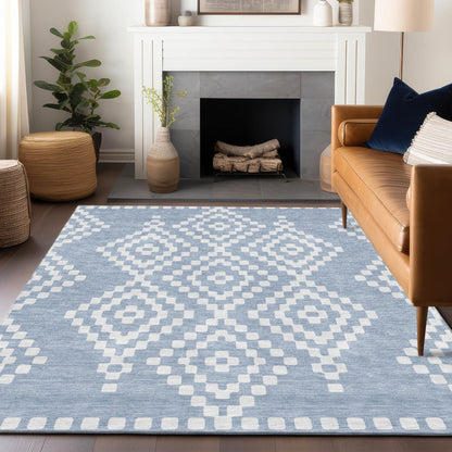 Tabselect Home Line 5' X 8' Denim Blue And Ivory Geometric Washable Indoor Outdoor Area Rug