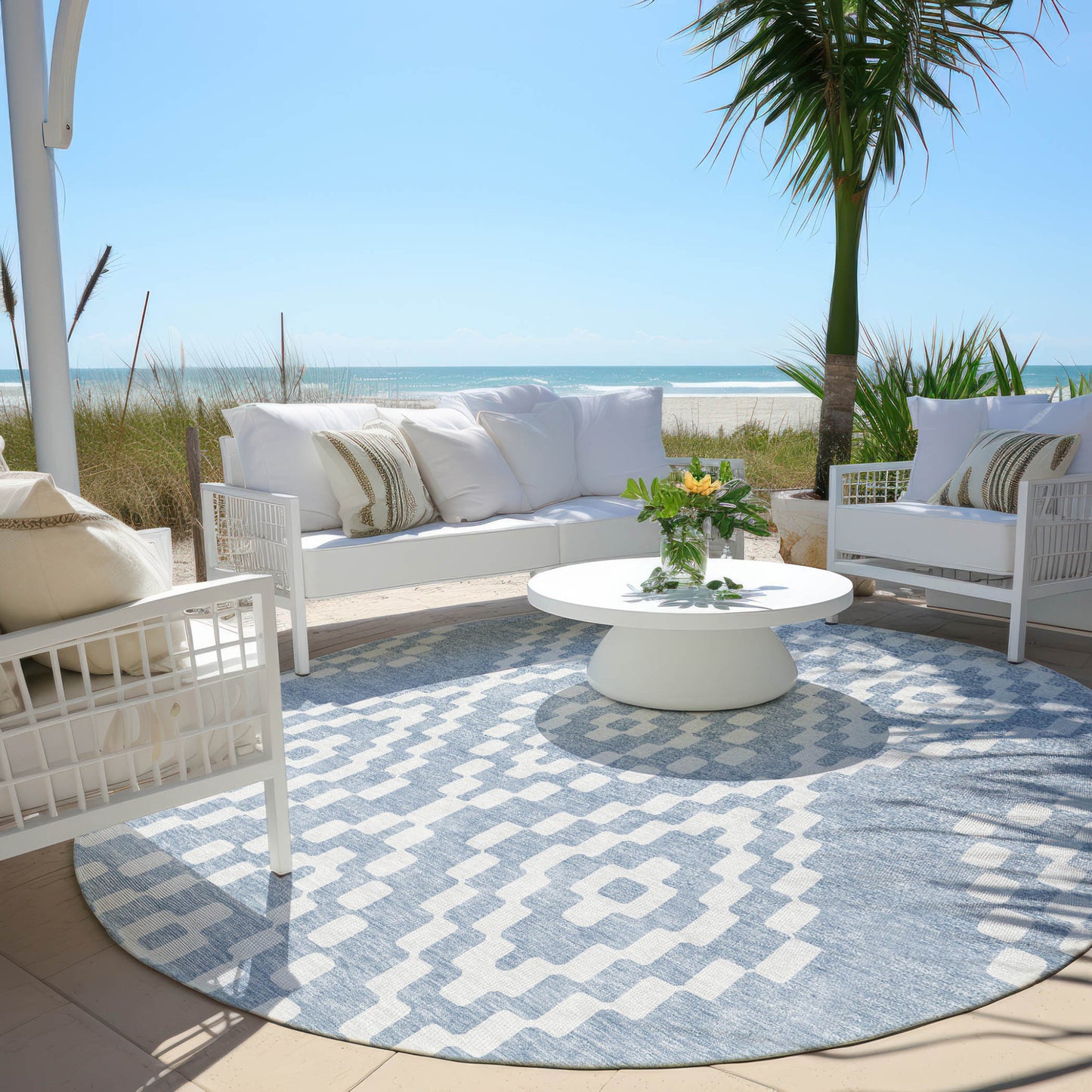 Tabselect Home Line 8' Denim Blue And Ivory Round Geometric Washable Indoor Outdoor Area Rug