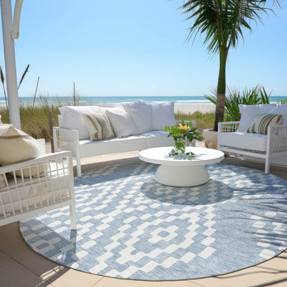 Tabselect Home Line 8' Denim Blue And Ivory Round Geometric Washable Indoor Outdoor Area Rug