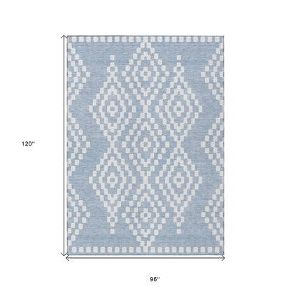 Tabselect Home Line 8' X 10' Denim Blue And Ivory Geometric Washable Indoor Outdoor Area Rug