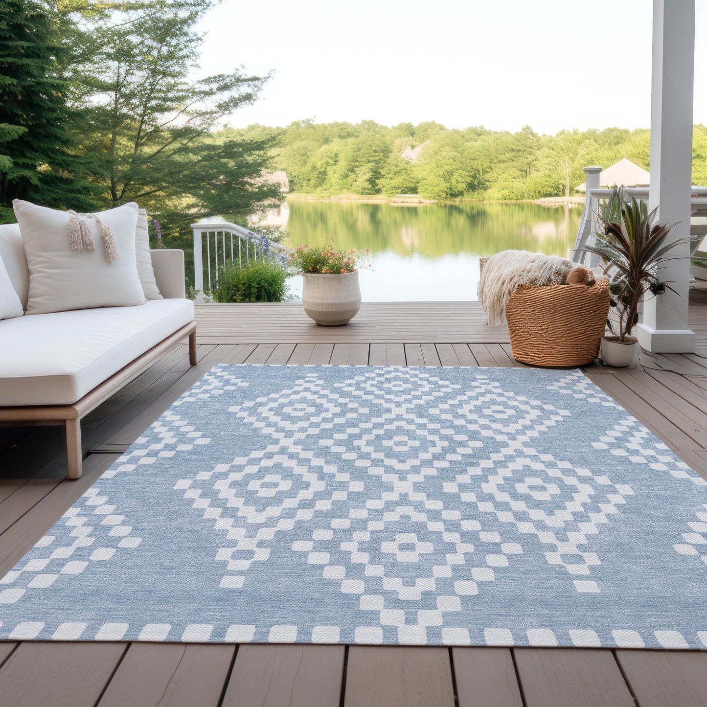 Tabselect Home Line 8' X 10' Denim Blue And Ivory Geometric Washable Indoor Outdoor Area Rug