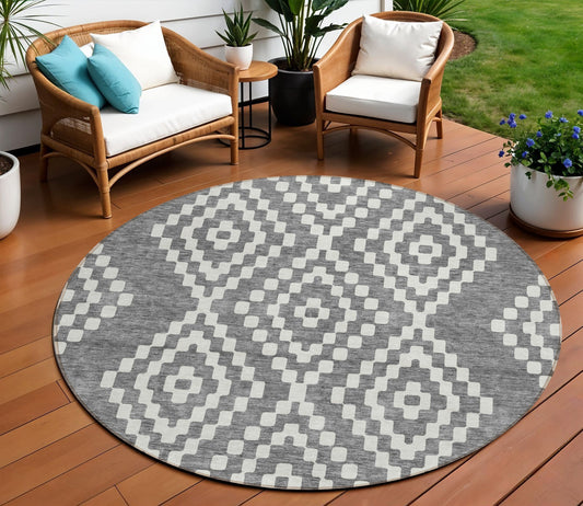 Tabselect Home Line 8' Gray And Ivory Round Geometric Washable Indoor Outdoor Area Rug