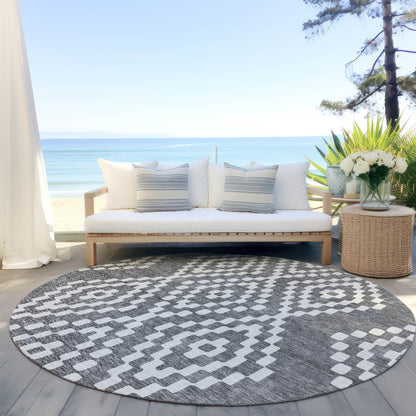 Tabselect Home Line 8' Gray And Ivory Round Geometric Washable Indoor Outdoor Area Rug