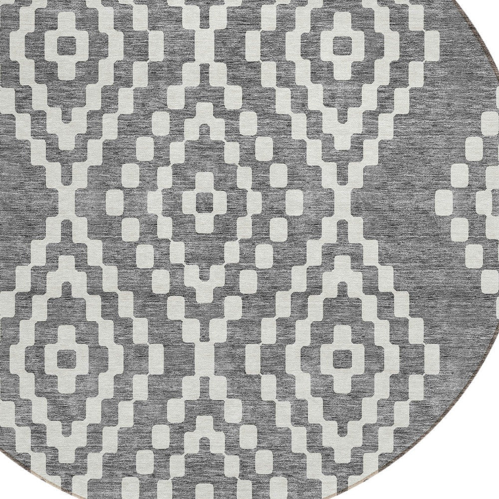 Tabselect Home Line 8' Gray And Ivory Round Geometric Washable Indoor Outdoor Area Rug