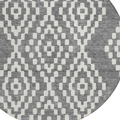 Tabselect Home Line 8' Gray And Ivory Round Geometric Washable Indoor Outdoor Area Rug