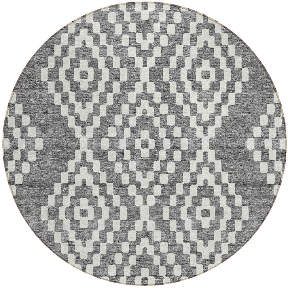 Tabselect Home Line 8' Gray And Ivory Round Geometric Washable Indoor Outdoor Area Rug