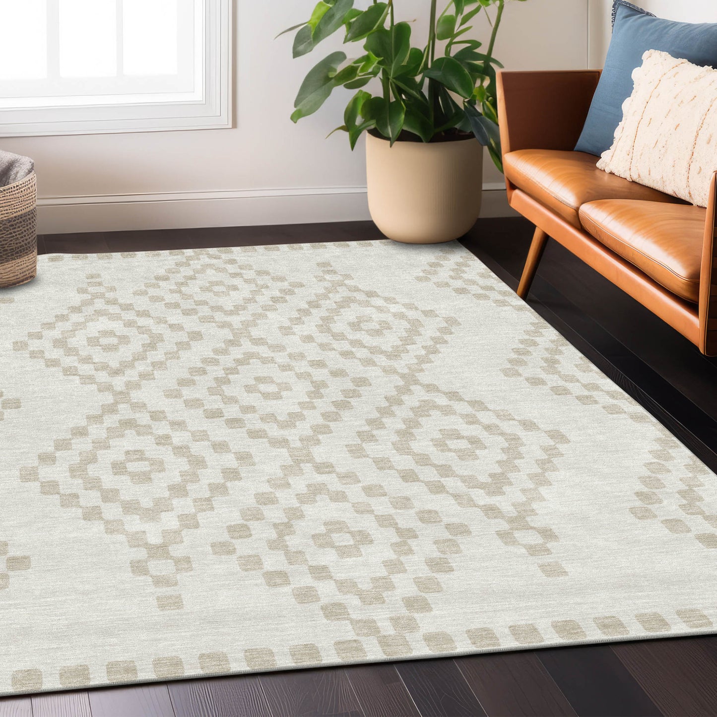 Tabselect Home Line 5' X 8' Ivory And Beige Geometric Washable Indoor Outdoor Area Rug