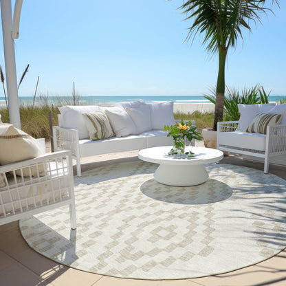 Tabselect Home Line 8' Ivory And Beige Round Geometric Washable Indoor Outdoor Area Rug