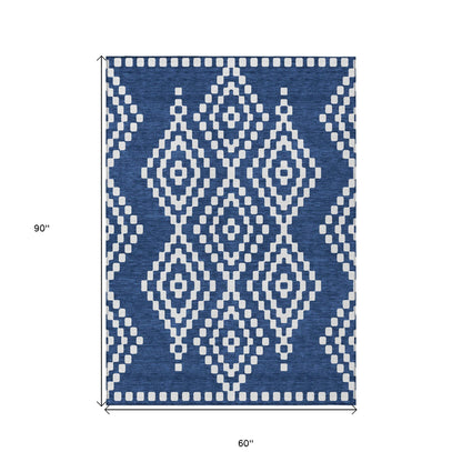 Tabselect Home Line 5' X 8' Navy Blue And Ivory Geometric Washable Indoor Outdoor Area Rug